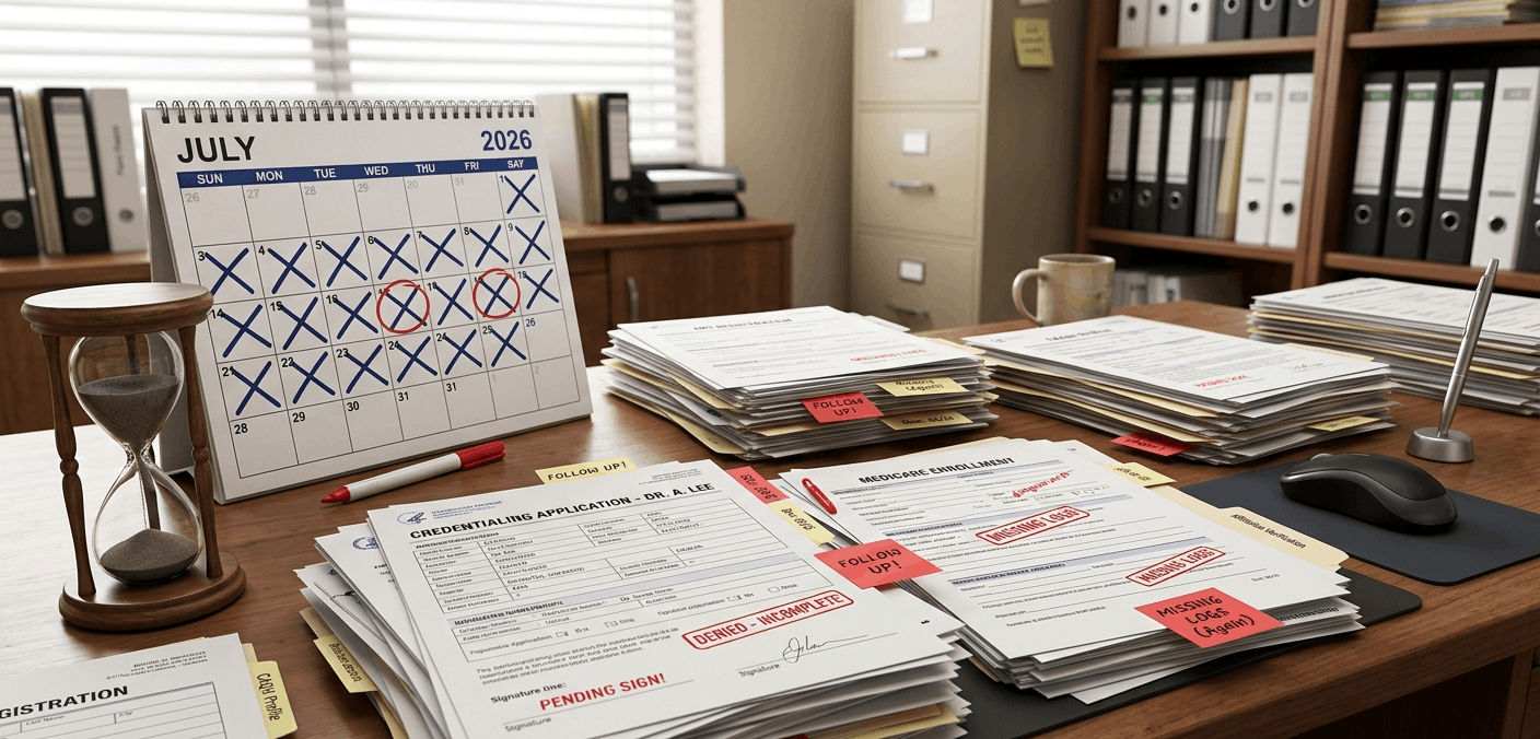 A visual representation of the provider enrollment bottleneck. The image features a desk overflowing with NPI registration and credentialing applications, paired with an hourglass and a marked-off calendar to illustrate the frustration of prolonged insurance paneling wait times.