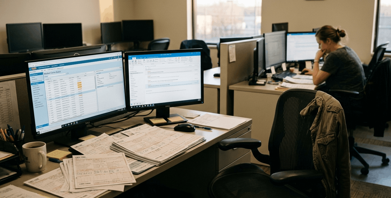 A wide shot of a medical billing office. In the foreground, a workstation is vacant with a jacket draped over an empty black mesh chair. The desk is cluttered with medical claim forms and two active computer monitors. In the blurred background, only one other person is visible working, leaving many other desks empty.