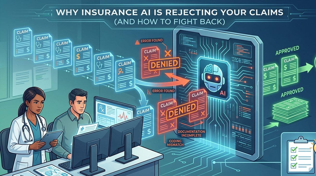 An infographic illustration titled 'WHY INSURANCE AI IS REJECTING YOUR CLAIMS (AND HOW TO FIGHT BACK)'. On the left, a medical doctor and administrator submit medical claims into a central digital screen labeled 'AI' where a robotic head scrutinizes them. The AI rejects many claims, turning them red and marking them 'DENIED' due to errors like 'DOCUMENTATION INCOMPLETE' or 'CODING MISMATCH', sending them back to the doctors with a question mark. Approved claims flow to the right as green documents turning into cash. An inset panel in the bottom right corner shows a solution-focused checklist with a lightbulb.