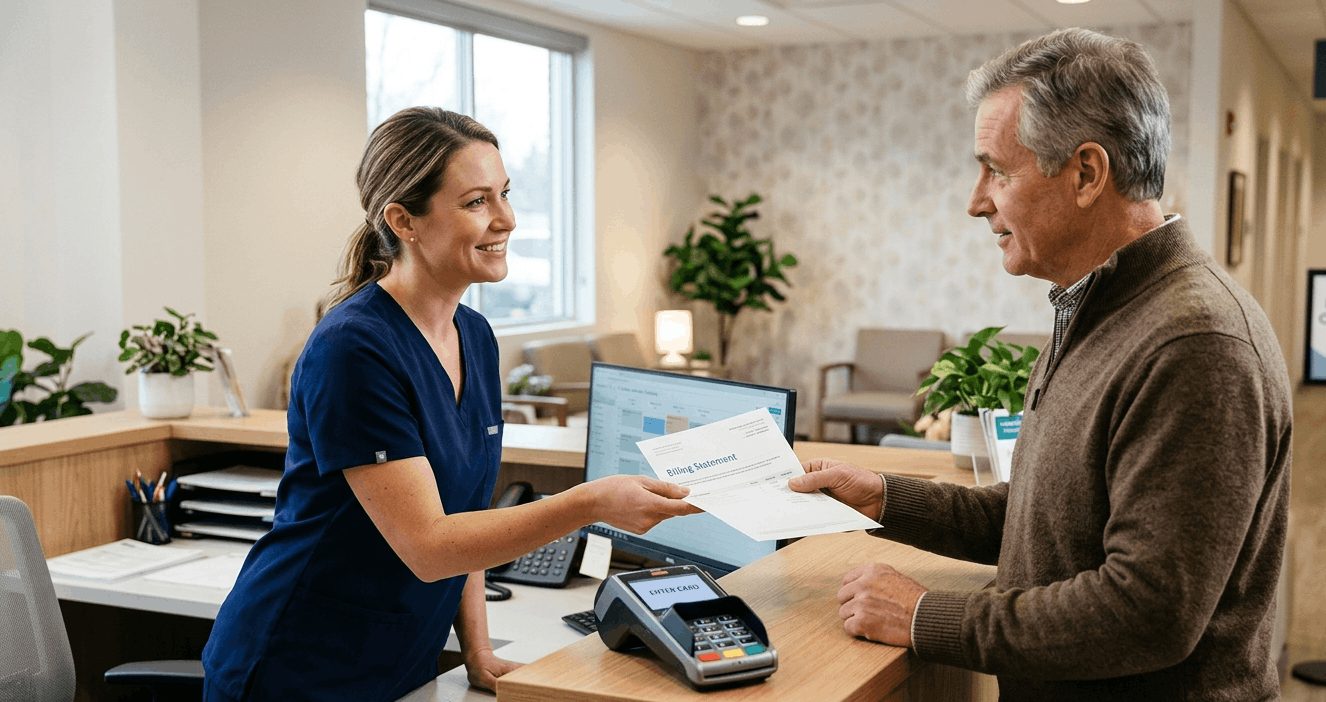 An approachable healthcare billing scene showing a positive interaction between staff and a patient. The image emphasizes clear communication regarding medical costs, featuring a receptionist passing a statement to a patient at a check-out desk with a payment terminal.