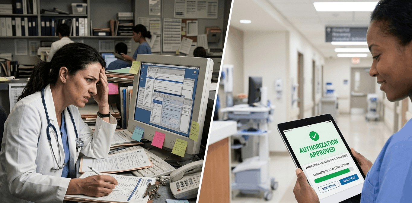 A two-panel, diptych-style photographic illustration with a diagonal divider, showing two related scenarios side-by-side. The left panel is set in a cluttered, old-school, dimly lit medical office, depicting a stressed and weary-looking female doctor of Middle Eastern descent with her hand to her head, slouched at a desk overflowing with paper charts, folders, and sticky notes. She is scowling at an outdated, bulky CRT monitor displaying a complex medical software interface with multiple windows and text fields. She is holding a pen over a medical clipboard. The atmosphere is overwhelming and inefficient. The background shows other medical staff in an old records area. The right panel is set in a modern, clean, well-lit hospital corridor, depicting a relaxed and smiling younger woman of African descent in blue scrubs, holding up a modern tablet device. She is looking at the tablet's screen, which displays a clear, digital notification that reads "AUTHORIZATION APPROVED" in green text with a large green checkmark. Smaller details below show: "Patient: JANE D. | ID: 12345 | Proc: CT Scan (STAT)", a "PATIENT PORTAL" logo, and "Approved by Dr. A. Lee | Time: 10:14 AM" with a progress bar and two action buttons. The environment is orderly and technologically advanced. The background shows a modern hospital hallway with a mobile workstation and doors. The overall image contrasts old, manual, paper-based workflows with new, streamlined, digital processes.