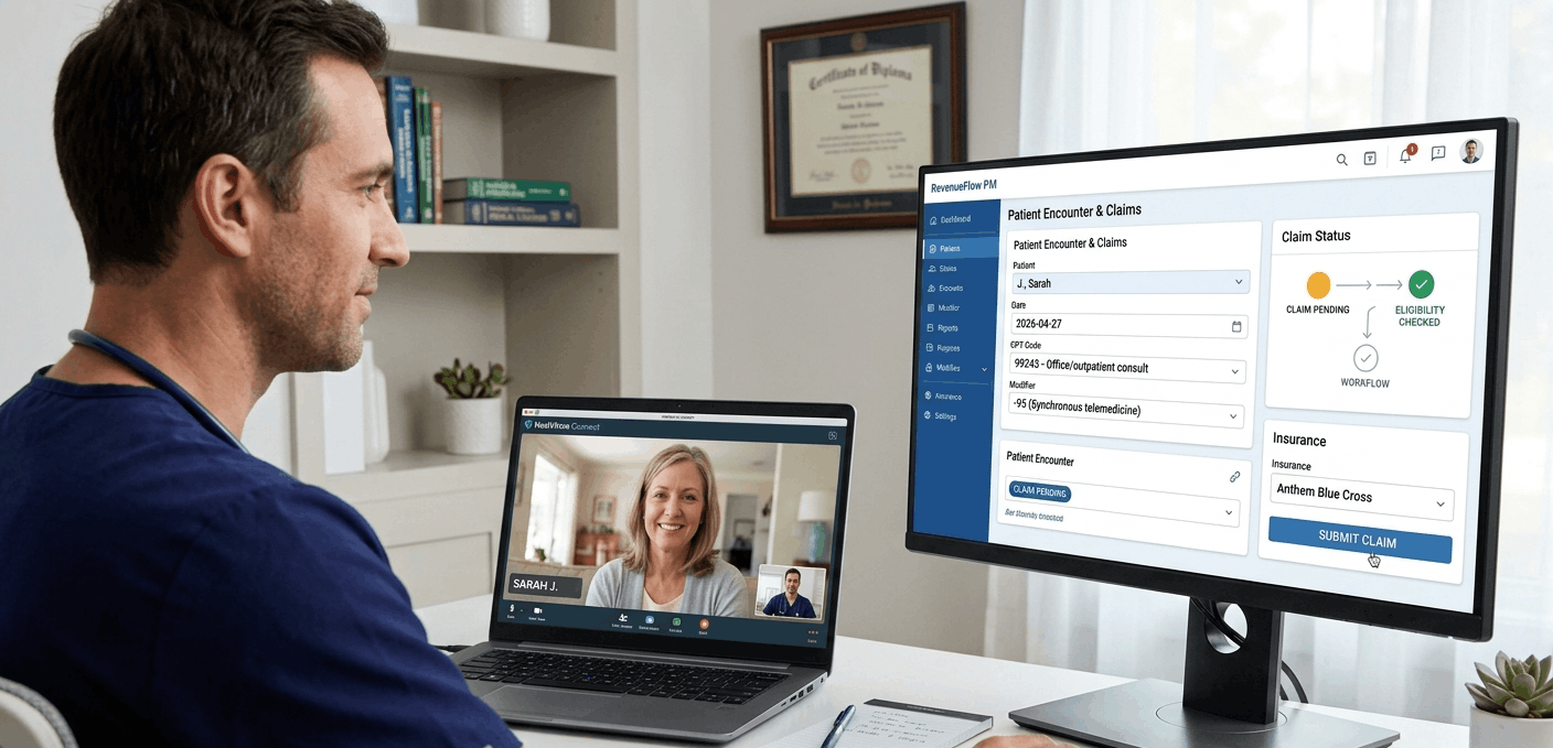 A physician navigating the complexities of telehealth billing. The image shows a side-by-side view of a live virtual patient encounter and the corresponding digital billing software used to submit insurance claims in real-time