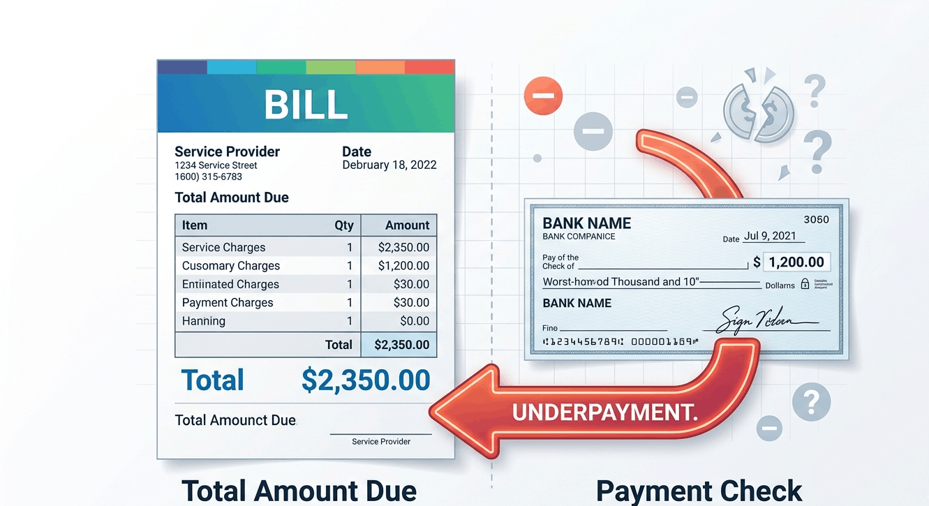 A visual demonstration of insurance underpayment in healthcare. The graphic contrasts a high service provider bill with a significantly lower reimbursement check, using a directional arrow and clear labeling to identify the revenue leak that often goes unnoticed in manual billing processes.
