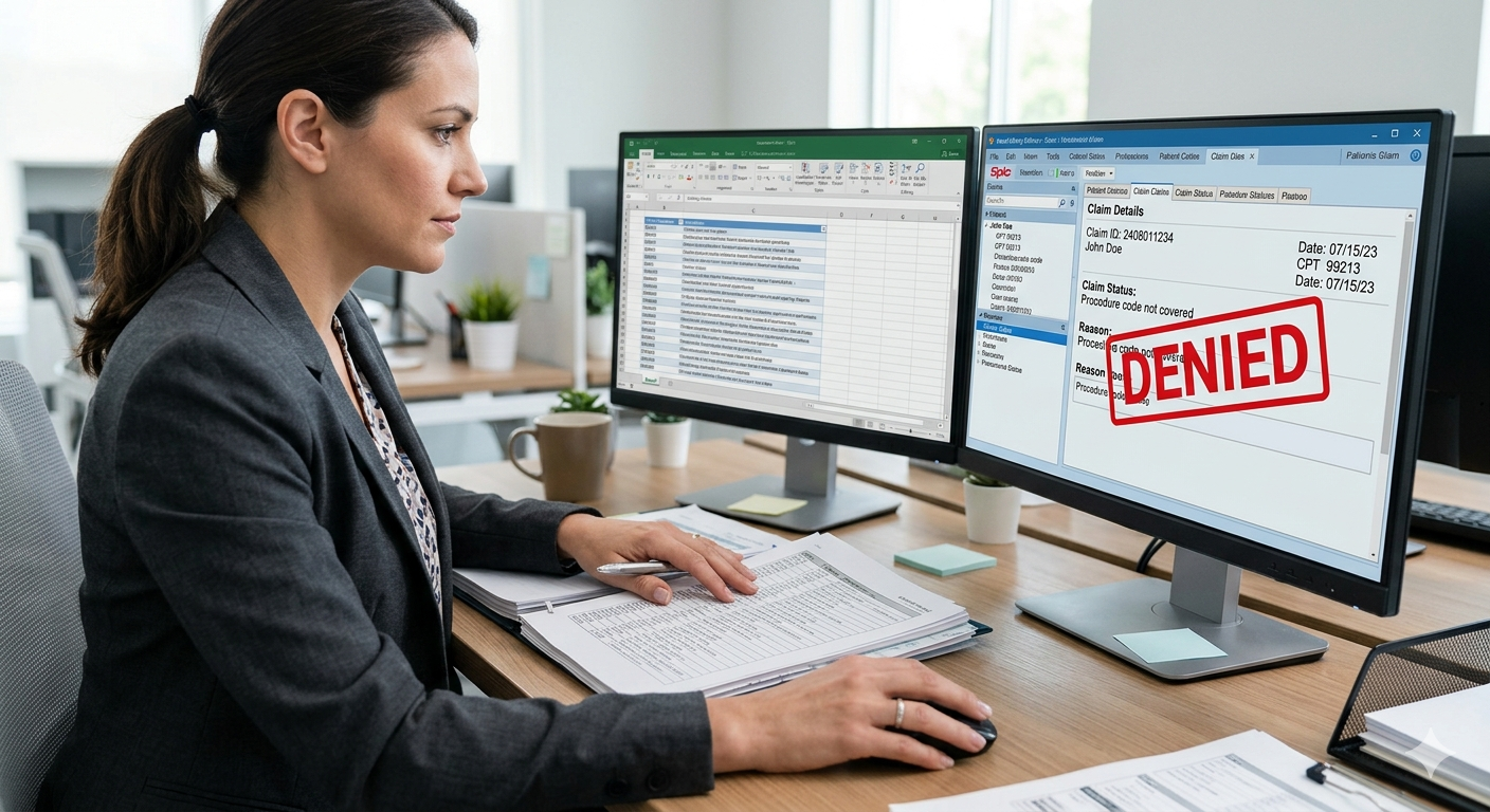 Medical billing professional analyzing a denied healthcare claim. The image features a dual-monitor workstation with CPT code spreadsheets and medical billing software showing a claim rejection status.