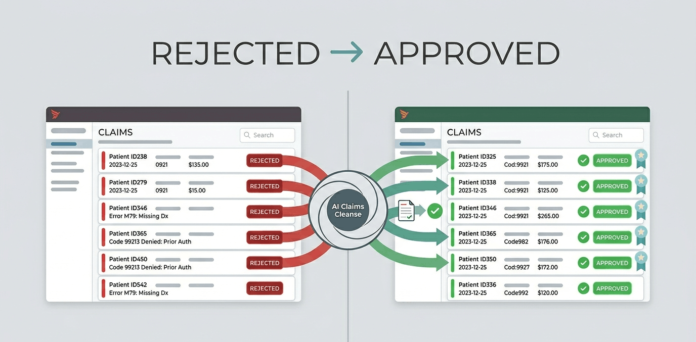AdvancedMD claim rejection rate dashboard showing transition from high rejections to clean first-pass claim approvals