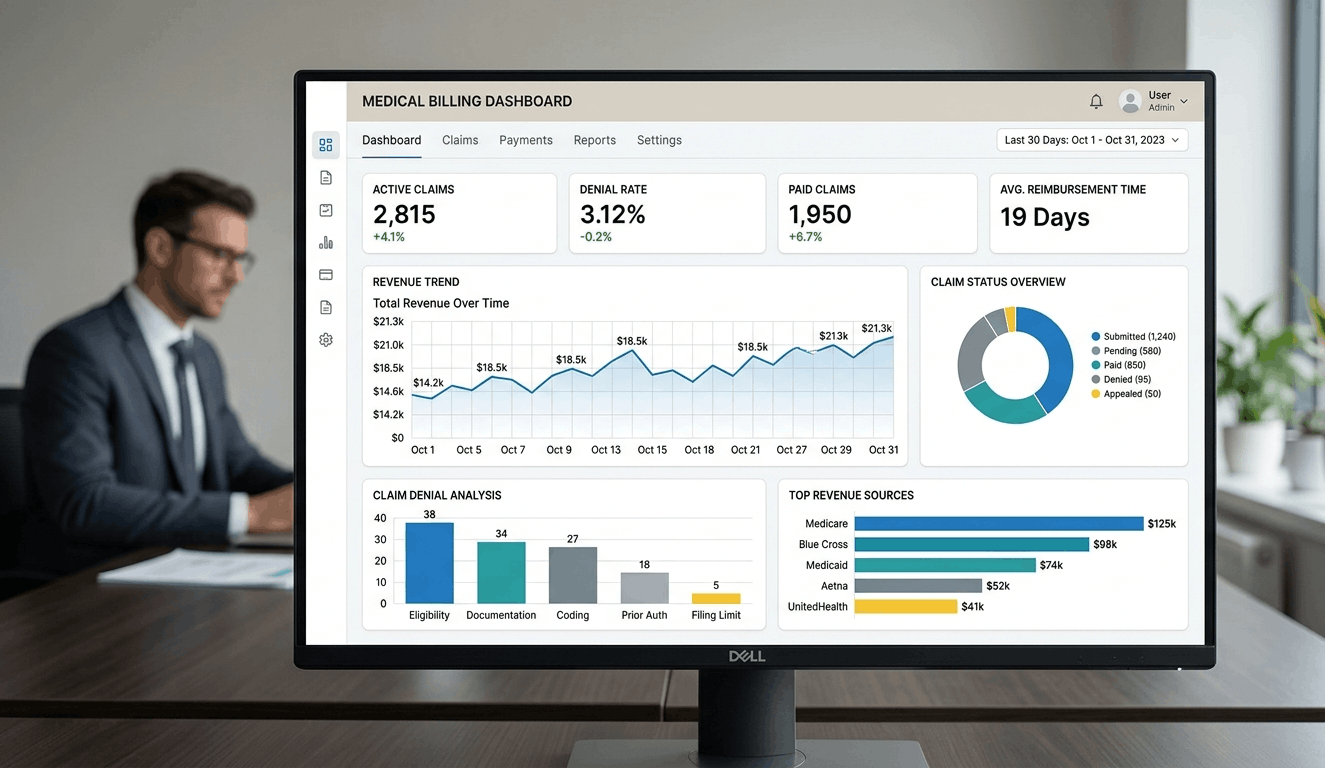 nalytics dashboard showing real-time medical billing data, including active claims, average reimbursement time, total revenue over time, and claim denial analysis.