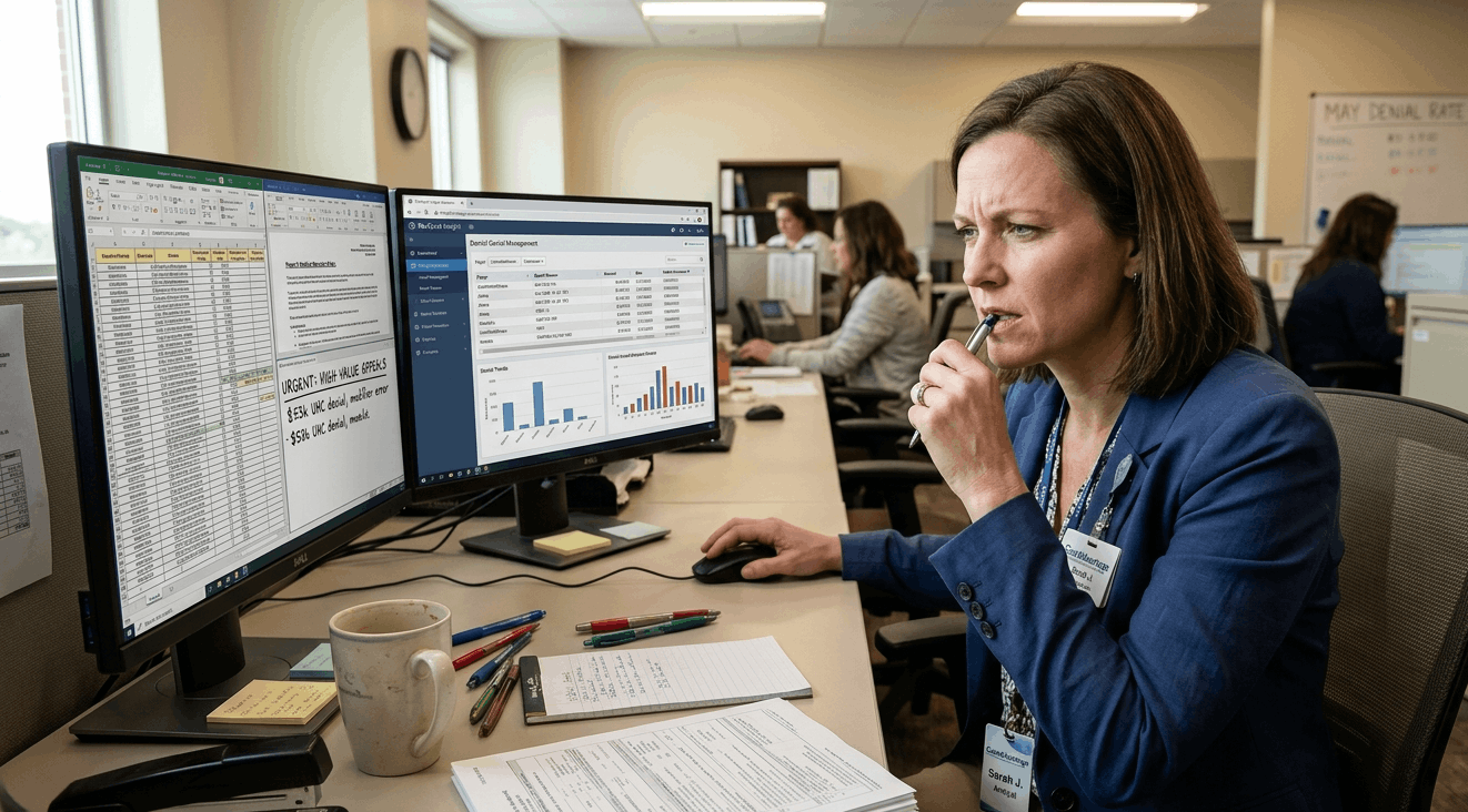 A revenue cycle manager performing a deep-dive audit of insurance denials. The image captures the authentic atmosphere of a healthcare administrative office, highlighting the expertise required to navigate "High-Value Appeals" and complex "Modifier Errors" displayed on her workstation.