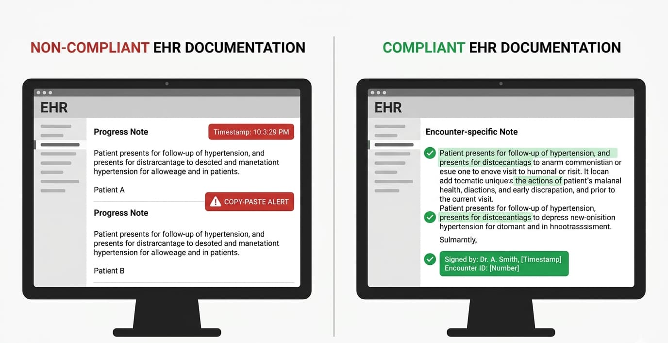 CMS 2026 copy-paste documentation compliance risk — cloned EHR note flagged vs. compliant encounter-specific note