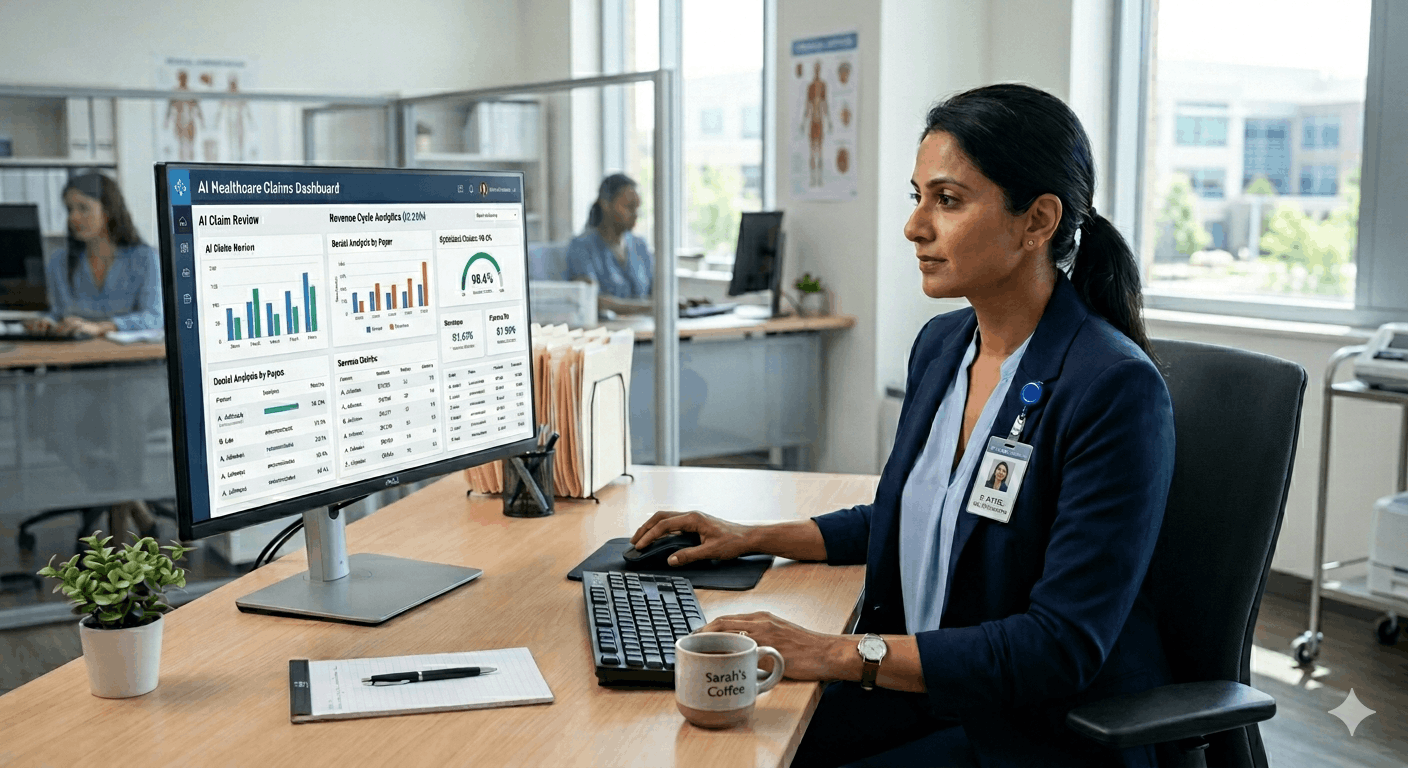 A professional healthcare billing administrator in a navy blazer reviewing an AI Healthcare Claims Dashboard on a large monitor. The scene depicts a modern, clean clinical office environment with a focus on data analytics and revenue cycle management.
