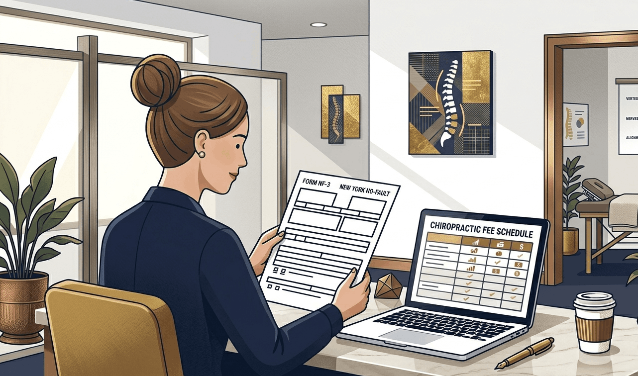 New York no-fault billing guidelines for chiropractors showing fee schedule and NF-3 claim form