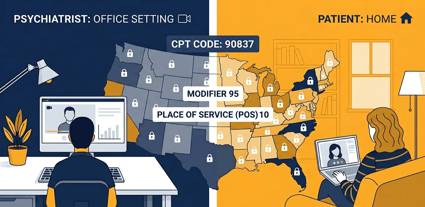 Telehealth psychiatry billing CPT codes modifier 95 state restrictions map 2026