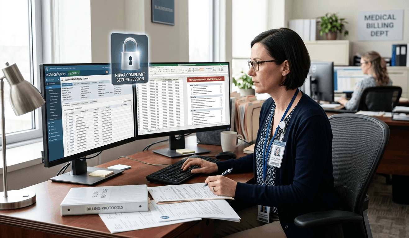 A professional medical billing specialist at a dual-monitor workstation reviewing the 2026 HIPAA Compliance Checklist for Medical offices on an EHR dashboard with a secure padlock icon overlay.