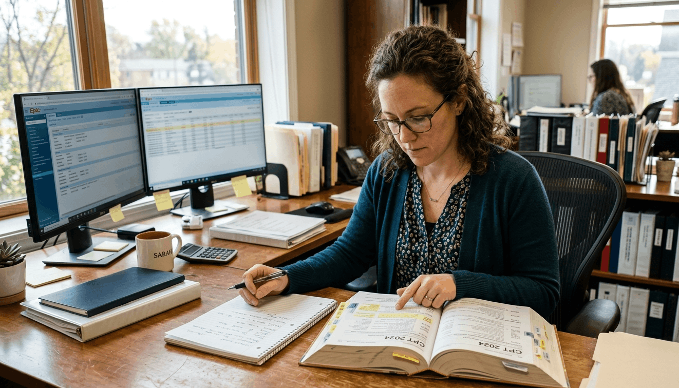A female medical billing specialist reviewing a CPT 2024 codebook at a professional desk with dual monitors and natural office lighting.