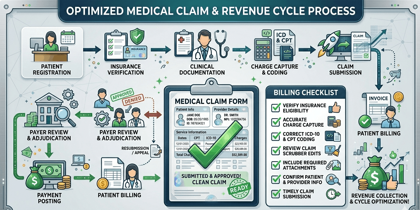 Medical billing clean claim checklist showing required fields for first-pass claim approval