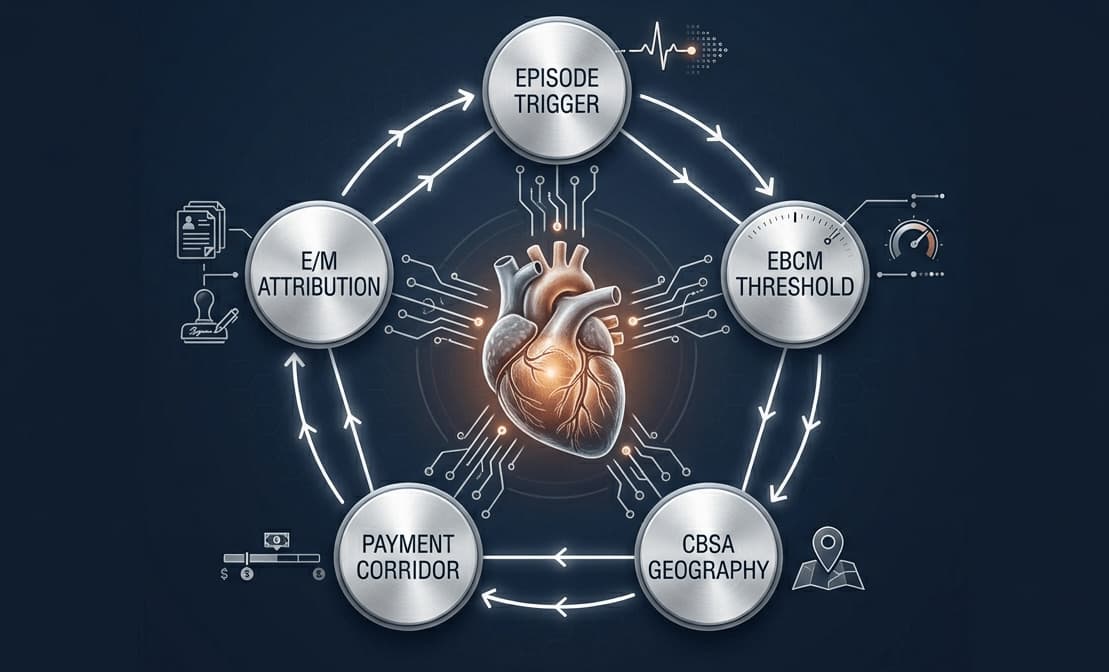 ASM heart failure billing mandatory triggers: episode attribution, CBSA geography, and EBCM threshold diagram