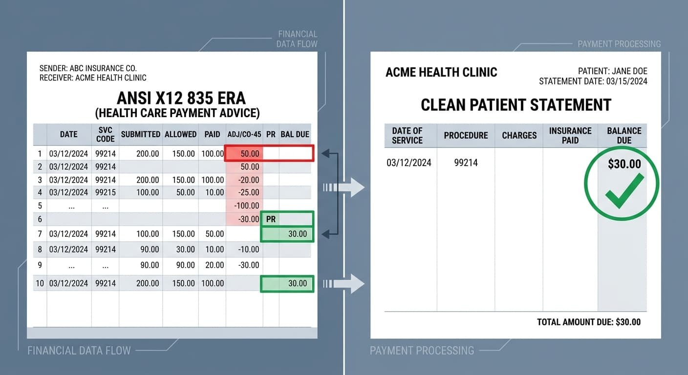 ERA group codes CO vs PR showing compliant patient balance collection after insurance underpayment
