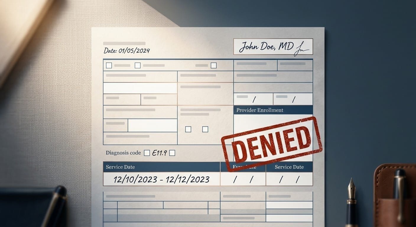 Denied medical claim stamp over an empty provider enrollment field, representing payer credentialing gaps.
