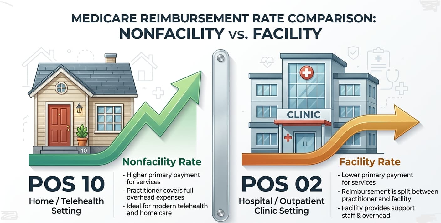 POS 02 vs POS 10 telehealth billing: facility vs nonfacility rate differences for 2026 CMS claims
