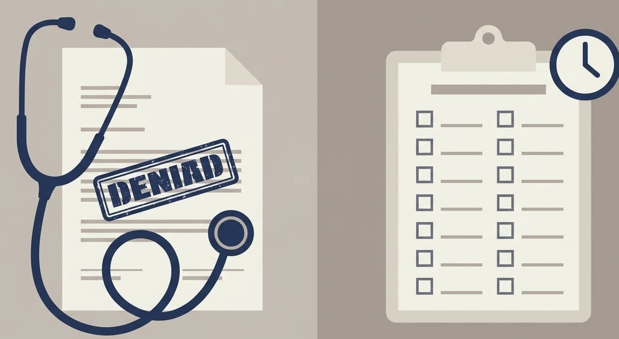 Stethoscope beside a denial letter and appeal checklist, symbolizing peer-to-peer review documentation.