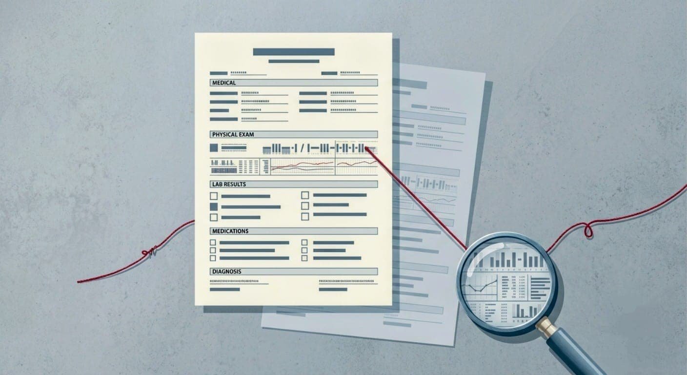 Two overlapping EHR chart pages with a duplicated line highlighted, symbolizing cloned documentation audit risk.