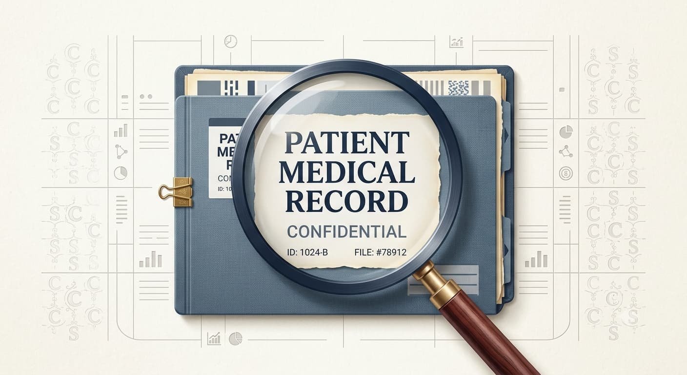 Chart folder under magnifying glass representing a RADV audit review of physician documentation.