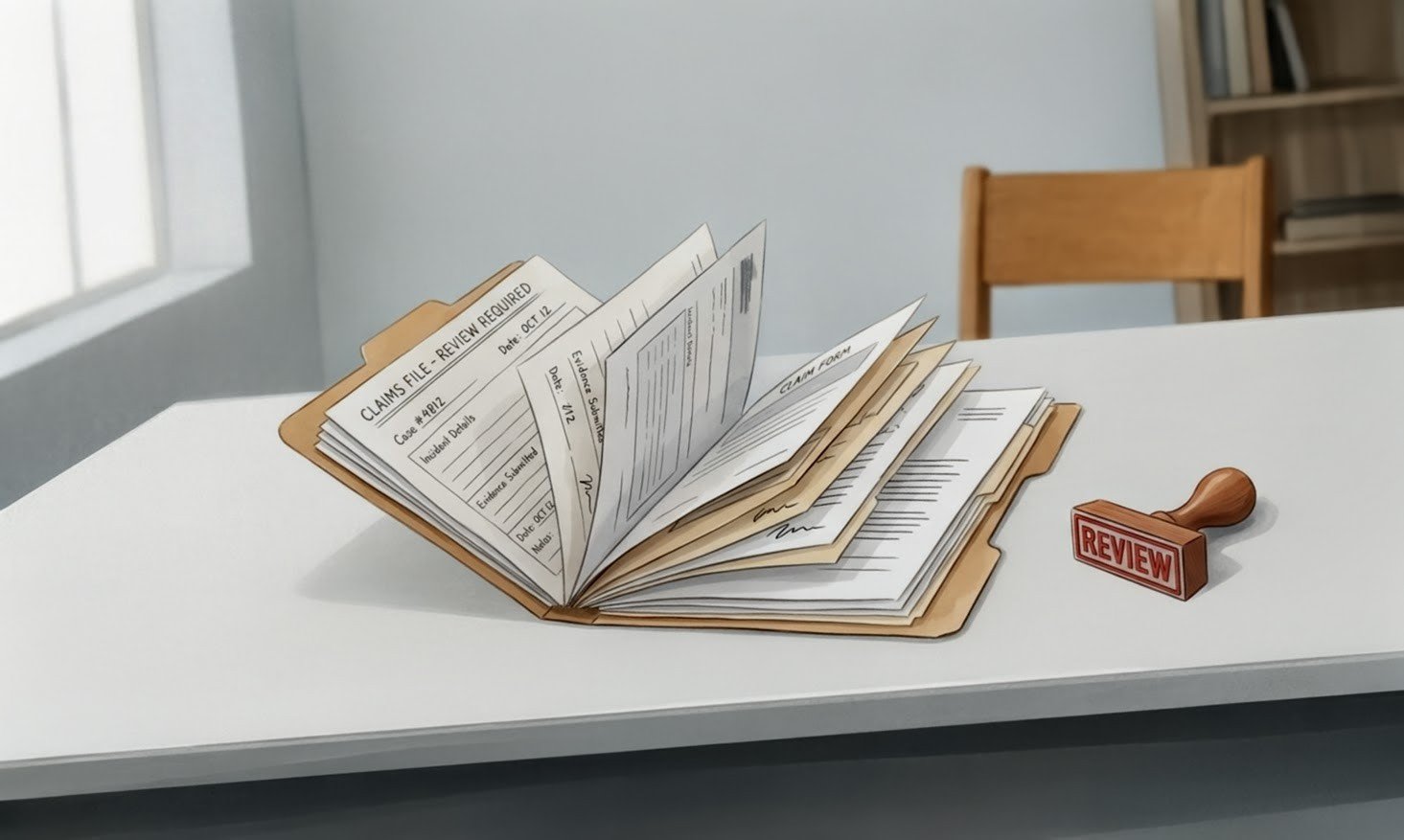 Open claims folder with review stamp, symbolizing a Medicare TPE audit document request.
