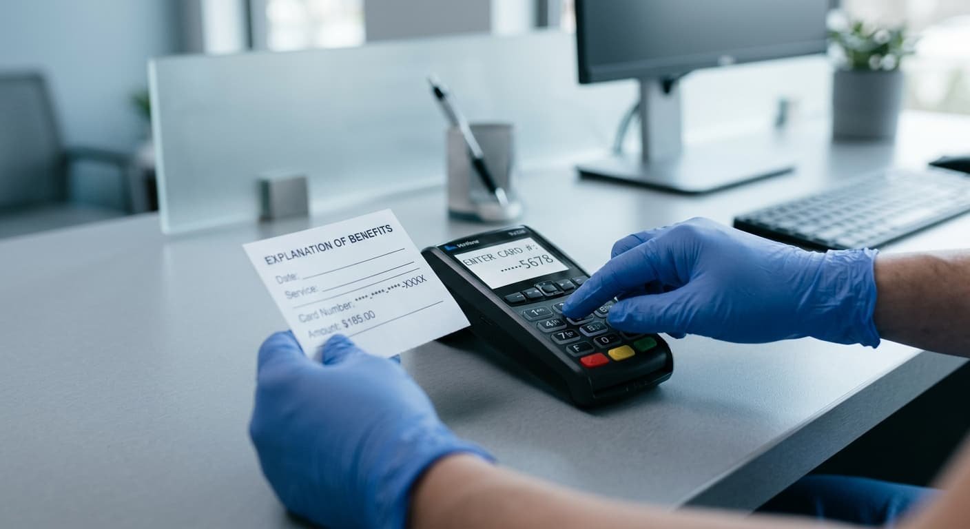 Medical biller reviewing virtual credit card payment fee statement