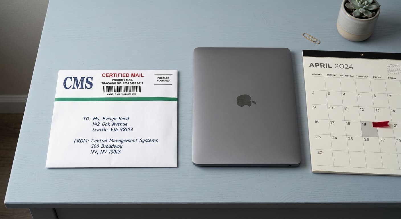 Certified CMS letter on a physician practice desk beside a calendar, representing a RAC audit letter response deadline.