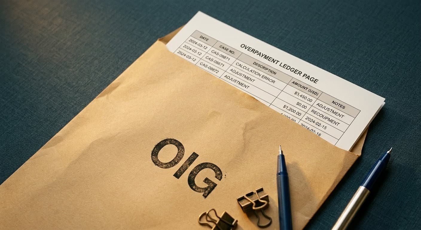 Compliance officer reviewing overpayment ledger beside an OIG federal disclosure envelope, symbolizing self-disclosure risk