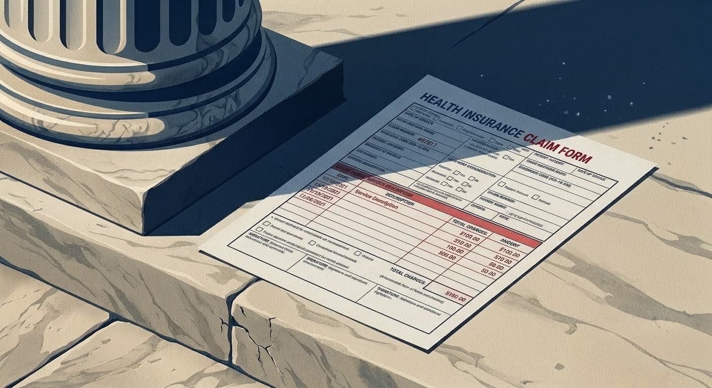 Medical biller reviewing claims beside a scale and federal courthouse column, symbolizing FCA whistleblower risk