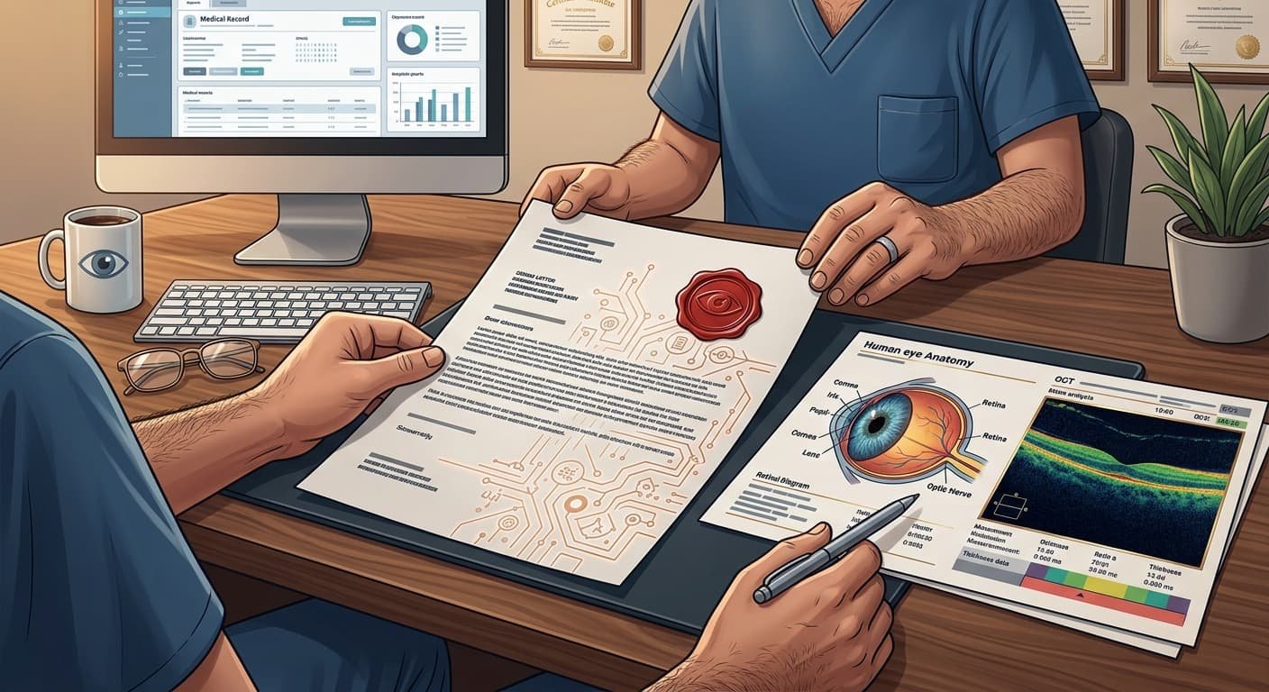 An editorial vector illustration showing an ophthalmologist's POV desk scene during a claim review. The doctor holds a denial letter overlaid with subtle circuit board patterns and a red seal, positioned next to detailed printouts of human eye anatomy and an OCT retinal scan.