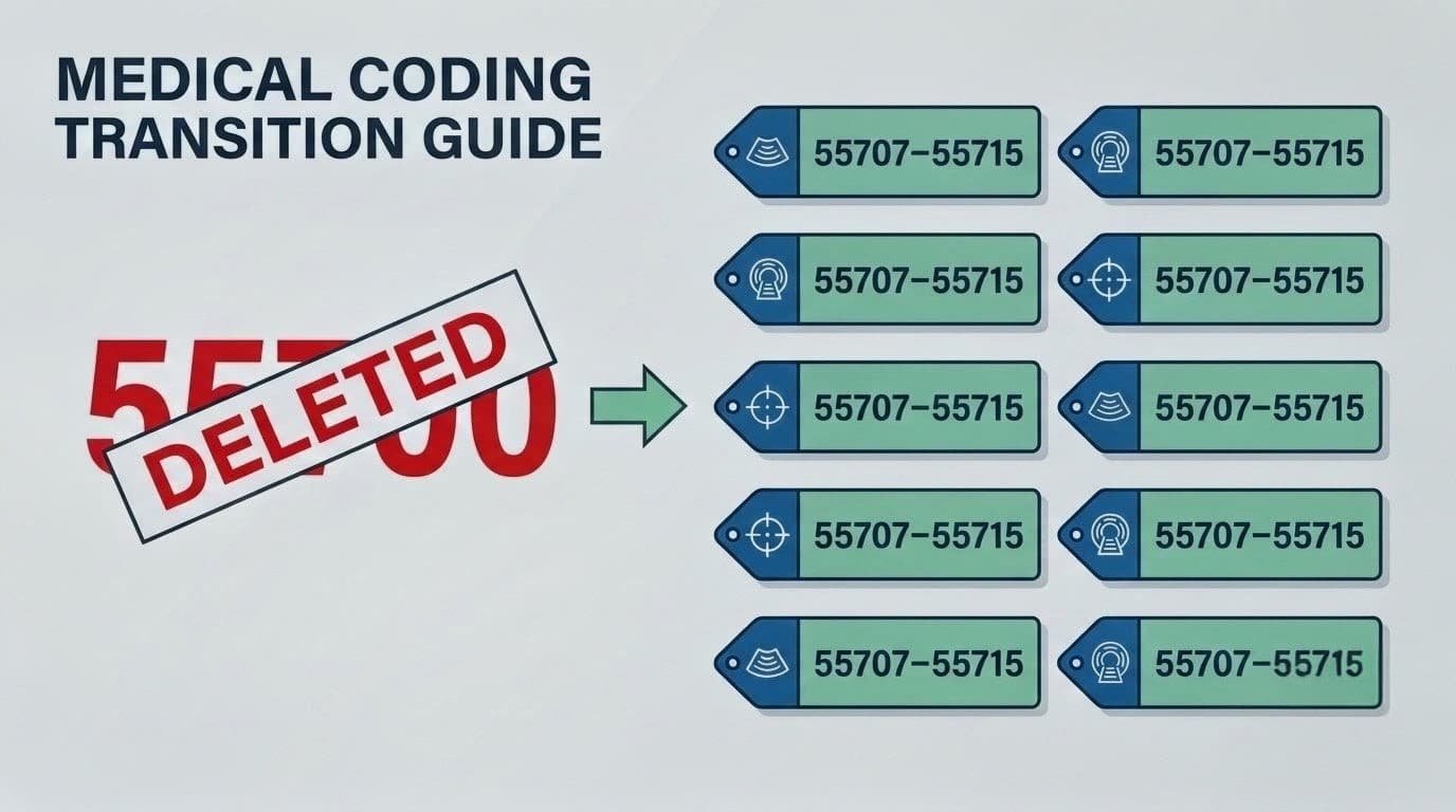 Medical coding transition guide showing deleted CPT code 55700 on the left with a red DELETED banner, an arrow pointing right, and a grid of replacement code tags for range 55707–55715 with imaging icons on the right.