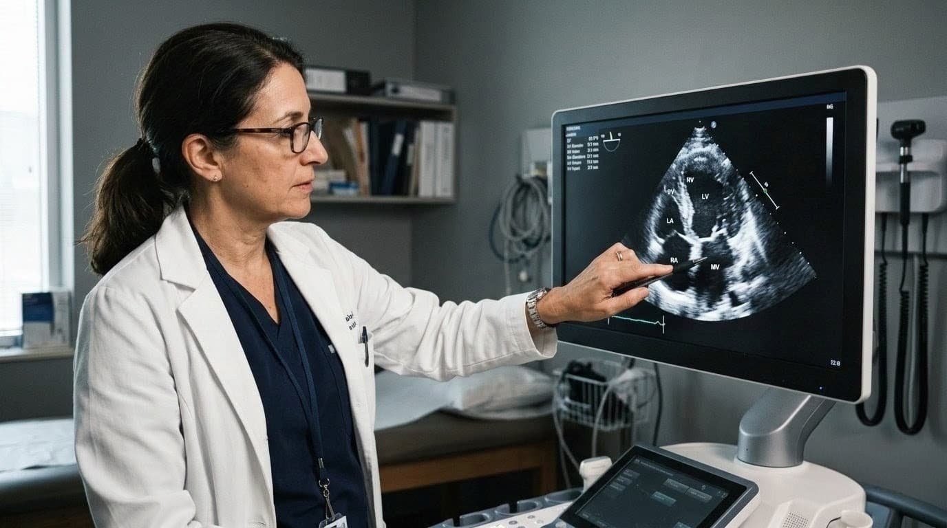 Cardiologist reviewing an echocardiogram scan on a monitor