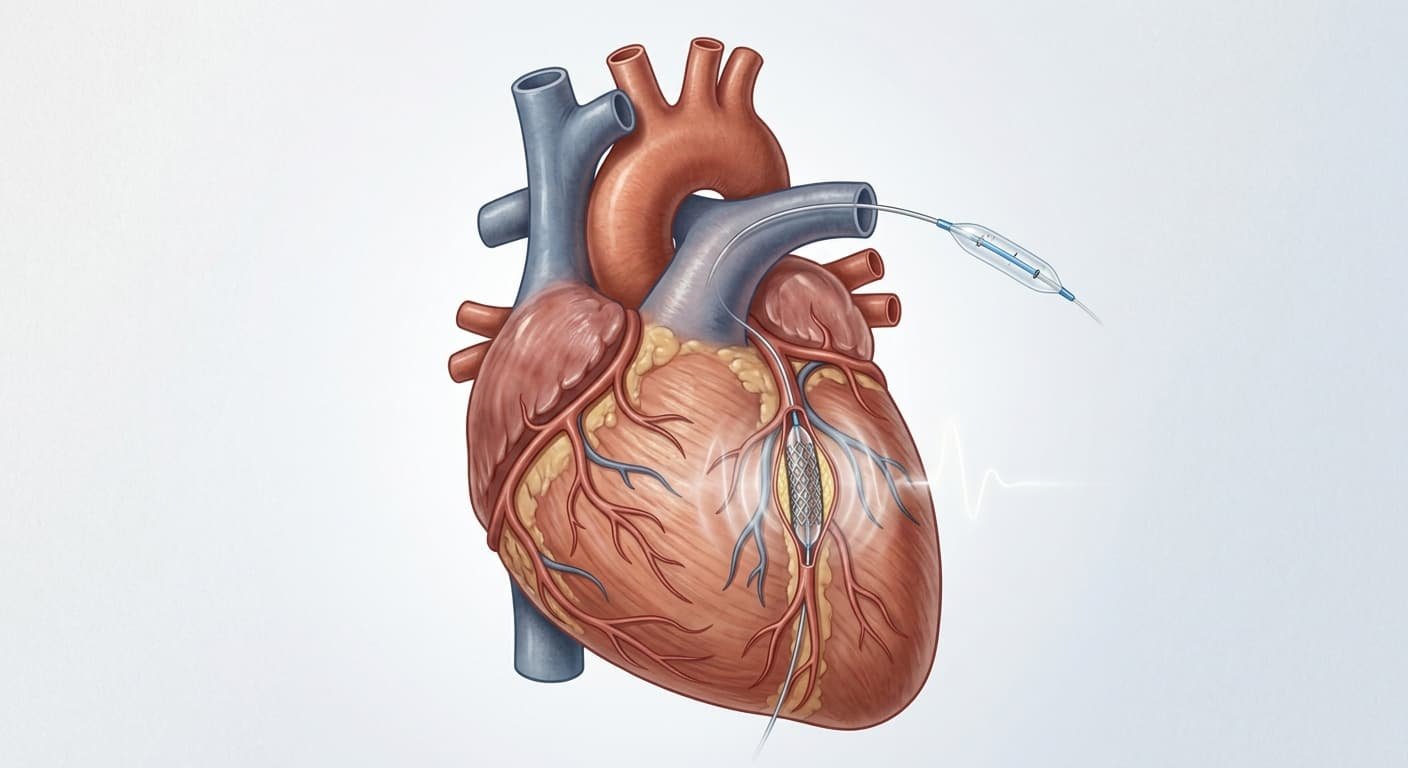 An editorial medical illustration of a human heart undergoing a percutaneous coronary intervention (PCI) with stent placement. Text callouts overlaying the diagram highlight medical billing concepts, including ICD-10 diagnosis codes and CPT procedure codes linked to the angioplasty site against a clinical background with billing documents.