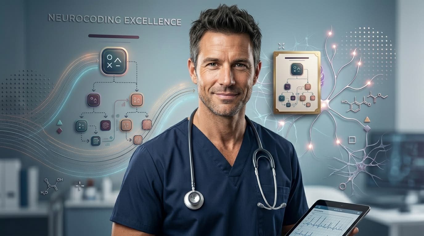 A professional header image featuring a handsome doctor in blue scrubs holding a tablet. Suspended in the background are sleek, glowing digital infographics displaying a decision tree for medical coding alongside stylized brain and nerve cell illustrations in shades of deep blue, teal, and gold.
