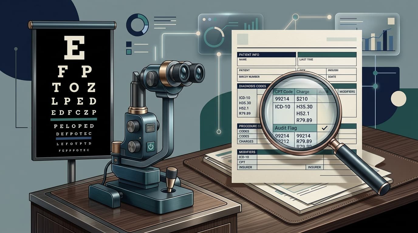 A stylized slit lamp eye exam device and a Snellen eye chart sit next to a medical billing claim form, which is being examined under a large magnifying glass.